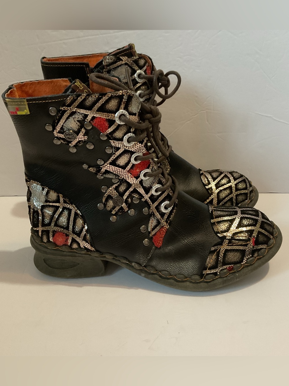 TMA EYES Avant Garde Geometric Silver Patchwork Leather Combat Lace-up Boots 8
